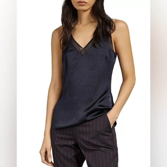 Ted Baker Lilyane Mesh-Trim V-Neck Cami 10 Dark Navy Blue - Picture 1 of 13